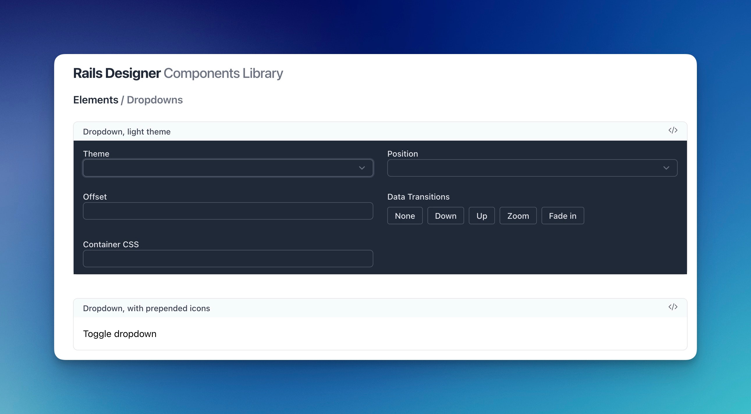 Preview of the configuration panel for the DropdownComponent, with the options to change values like position, theme and container CSs