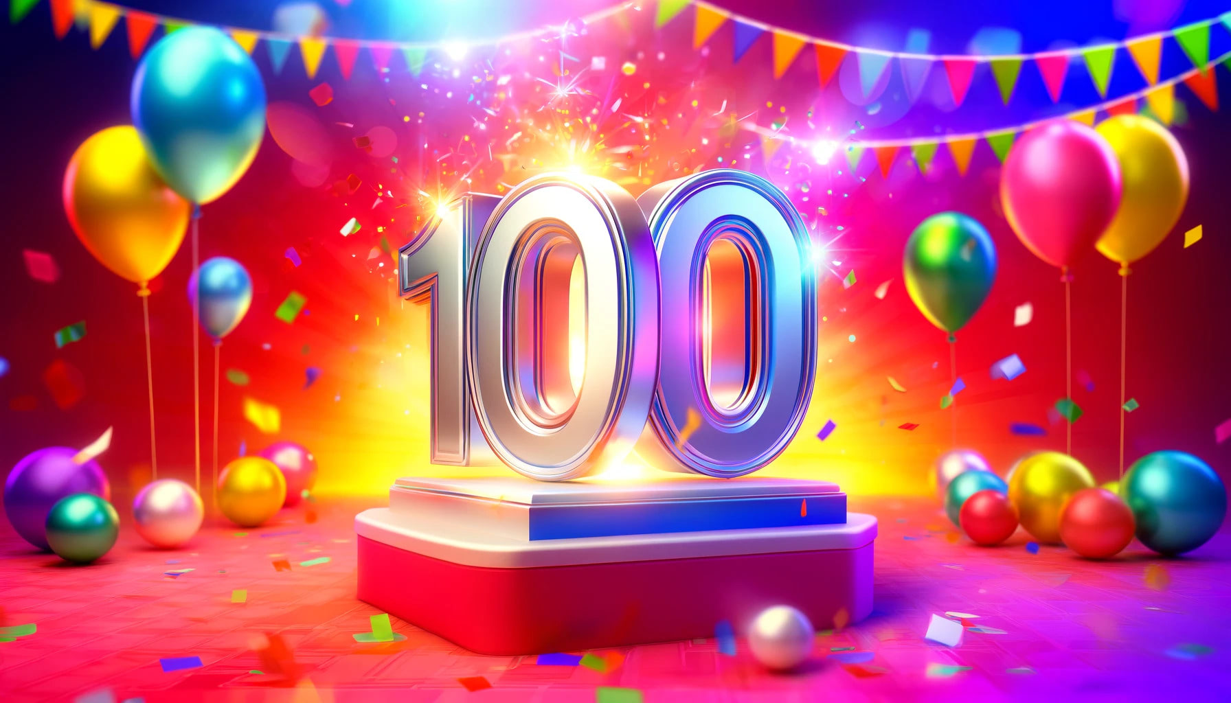 Vibrant celebration scene with a large, shiny '100' in 3D at the center, surrounded by colorful confetti and balloons, symbolizing a significant achievement with a festive and joyful atmosphere.