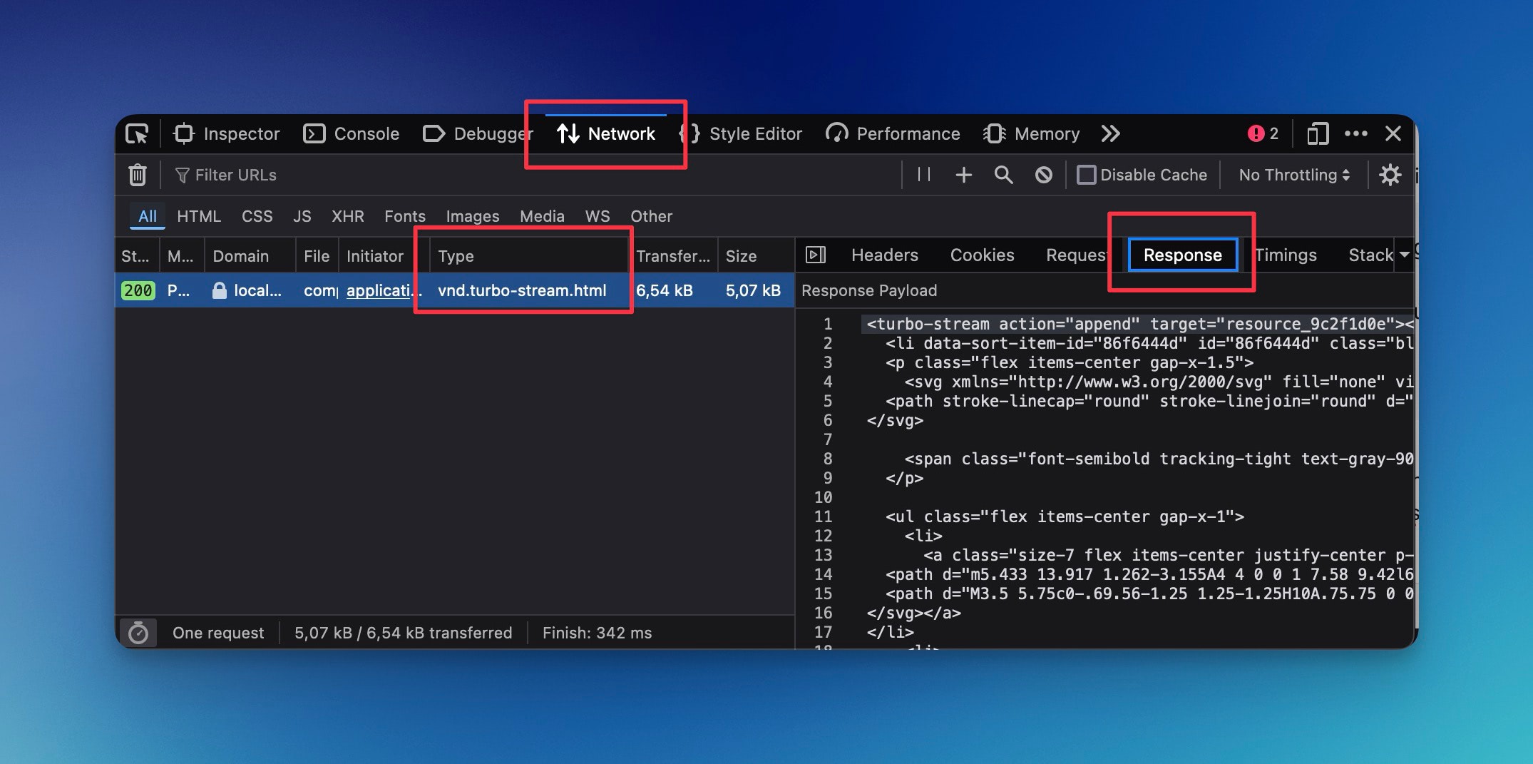 Showing a browser's devtools; highlighting the “resources” tab