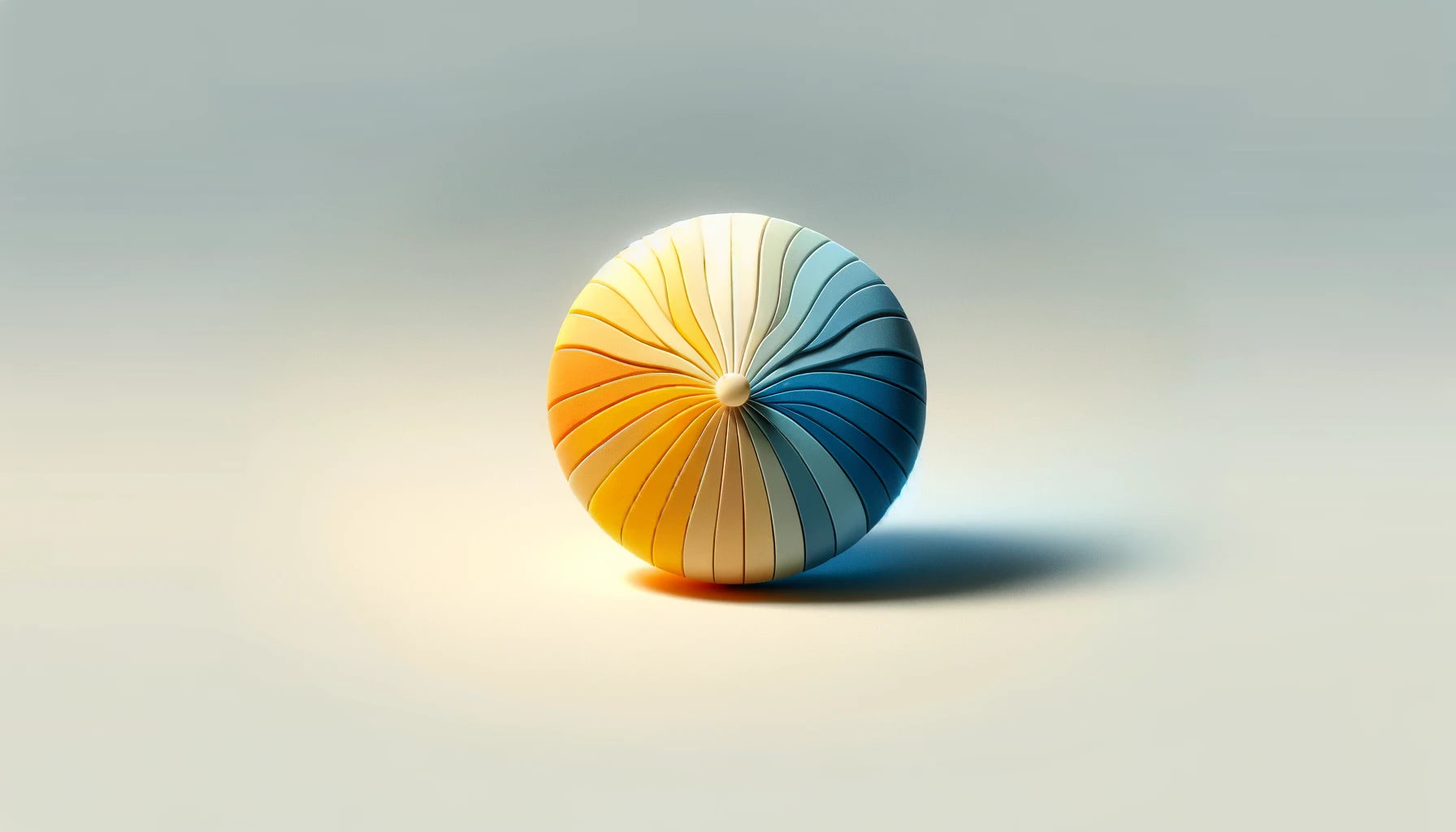 Abstract 3D image of a pressed rounded button in joyful summer colors, featuring bright yellows, vibrant oranges, and light blues, conveying a serene and quiet atmosphere.