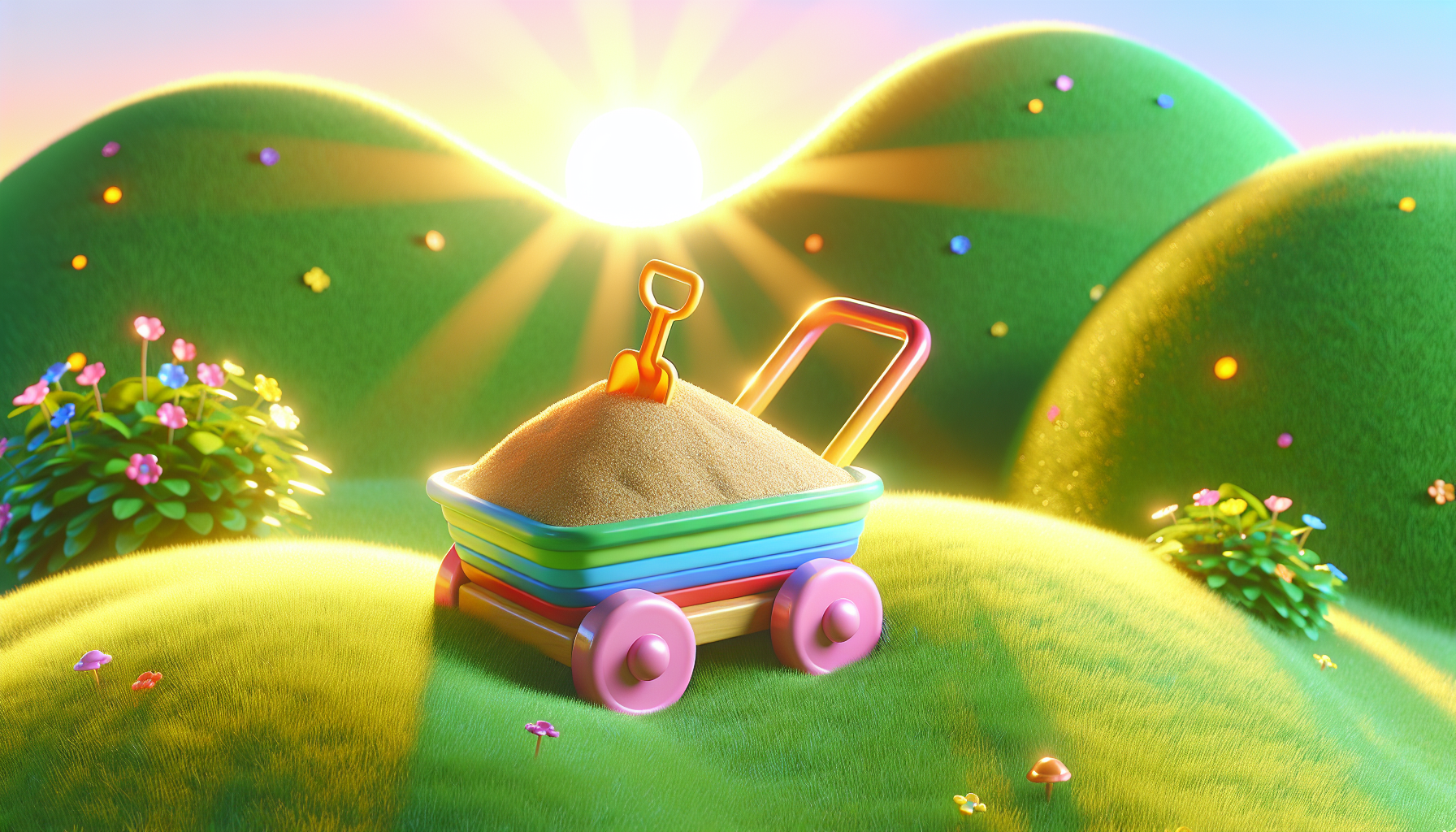 3d rendering of a handcar filled with sand and a small shovel on top.