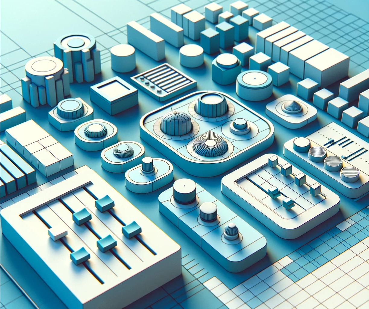 Minimalistic, abstract 3D-like image of a dashboard in duotone sky blue and cyan, featuring stylized buttons, knobs, and sliders.