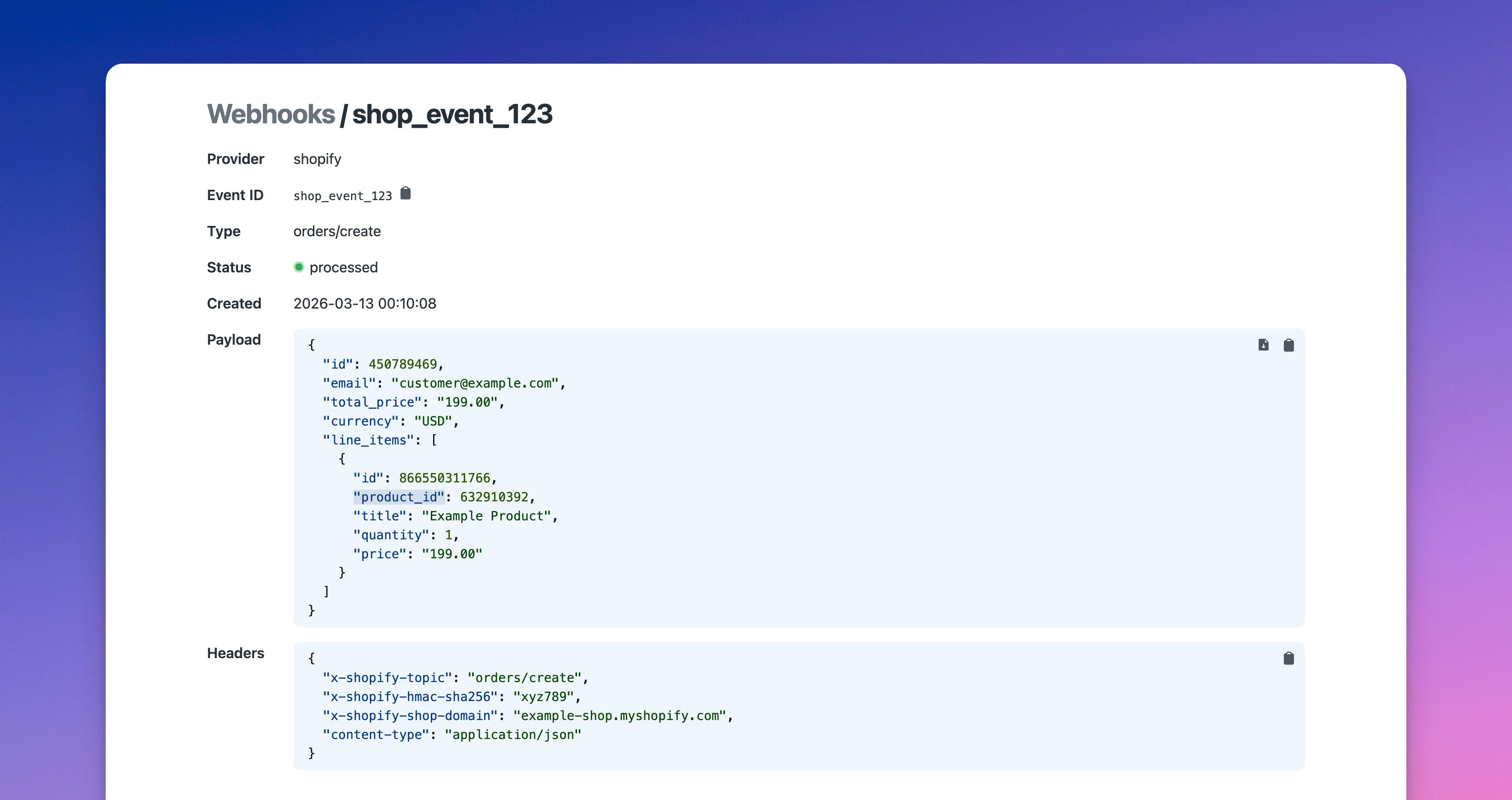Detail view on Fuik’s UI; showing a Shopify webhook event for an order/create event