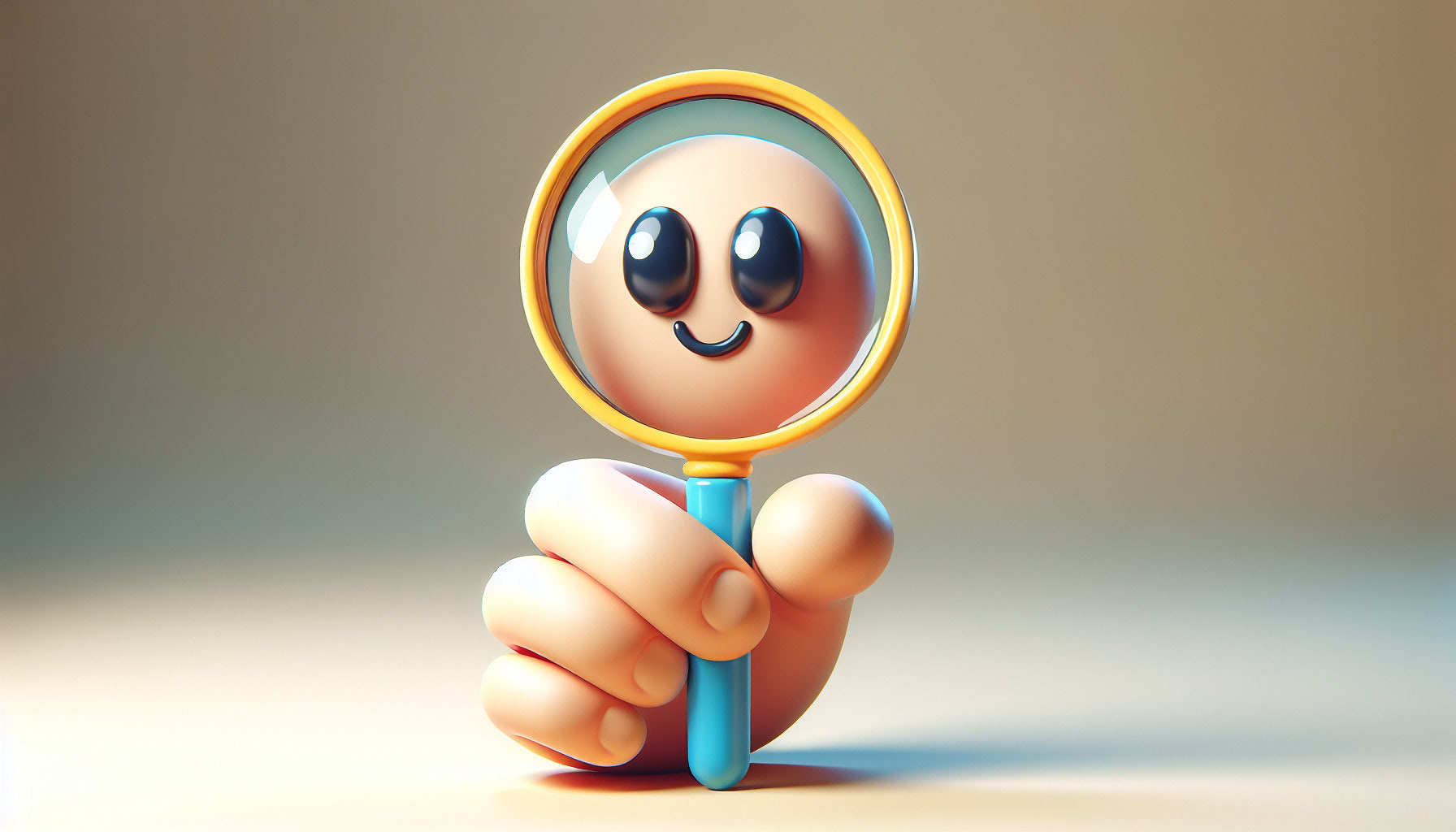 3d rendering of a magnifying glass held by cartoon-like hand.