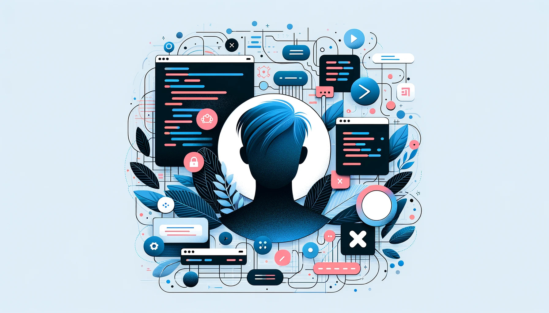 Abstract illustration of a user profile silhouette with web development and customization graphics, representing the personalization of meta titles in a web application.
