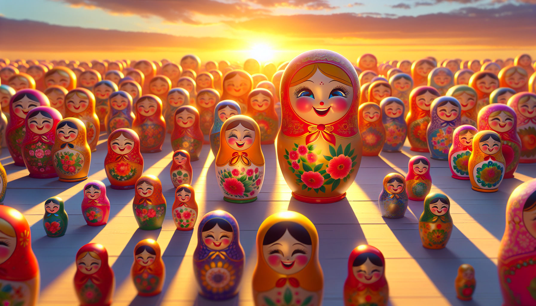 Happy Russian dolls with warm and bright colors with a perspective from the top-right. 