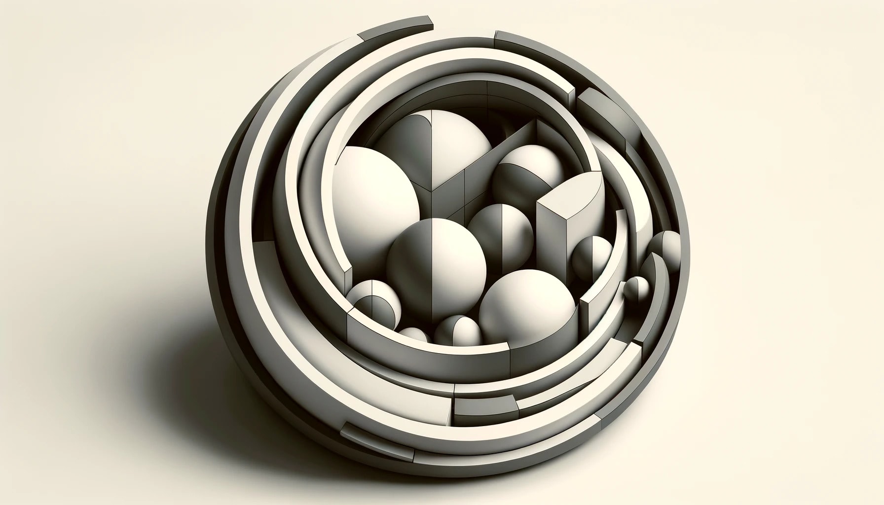 Abstract, 3D-like image in a duotone color scheme depicting the concept of nesting with interlocking geometric shapes or smooth curves, evoking a sense of order and harmony
