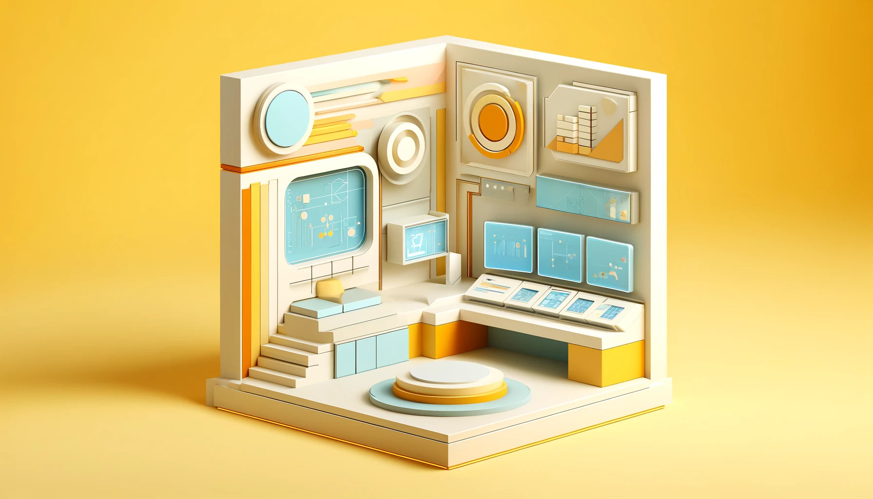 Abstract and minimalistic 3D command centre in joyful summer colors, featuring streamlined geometric designs with high-tech elements.