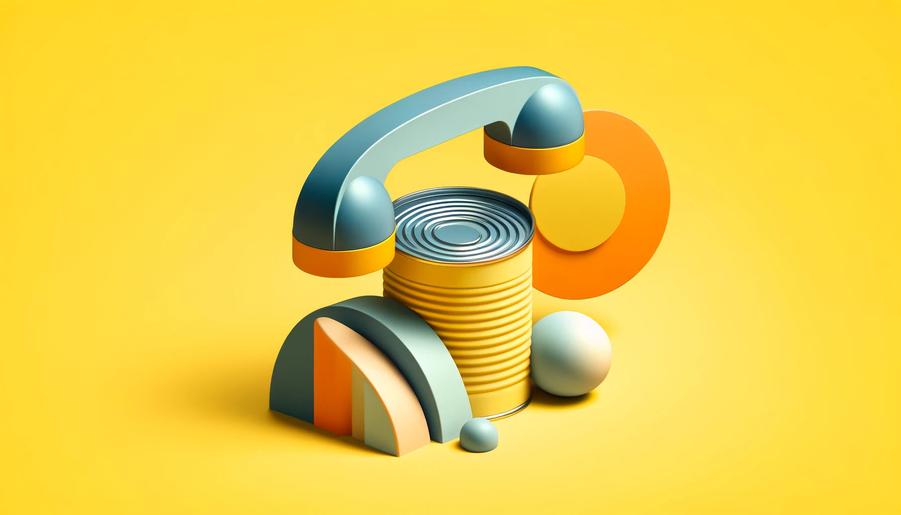 Abstract, minimalist 3D-like image of a Tin can telephone in summer colors, featuring bright yellow, sky blue, and pale orange, styled with geometric shapes in a modern artistic composition.