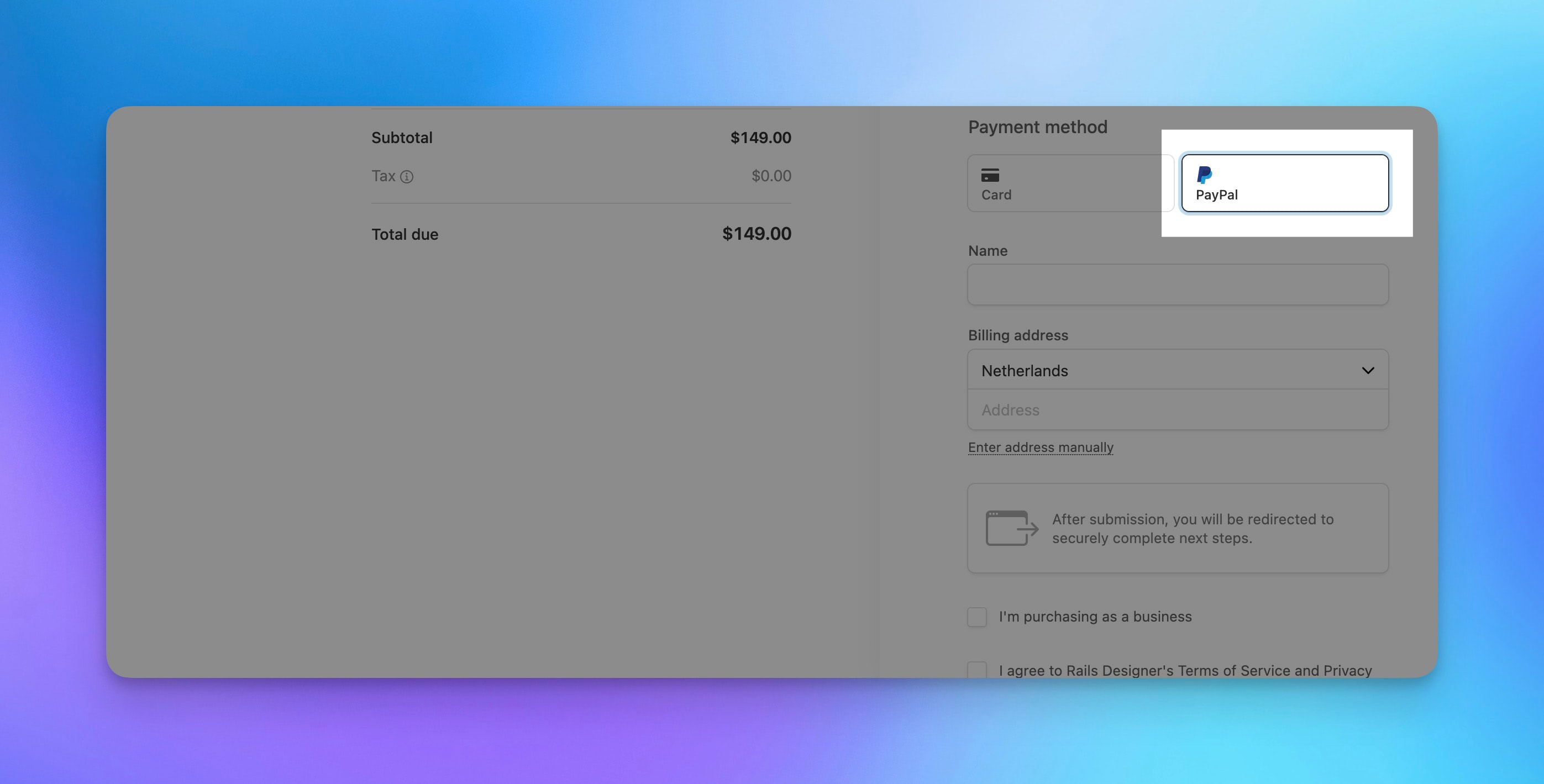 Preview of the Stripe checkout with the PayPal option
