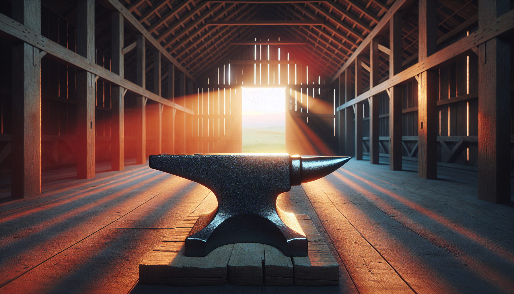 3D rendering of an anvil in a barn with the sunrise in the background.