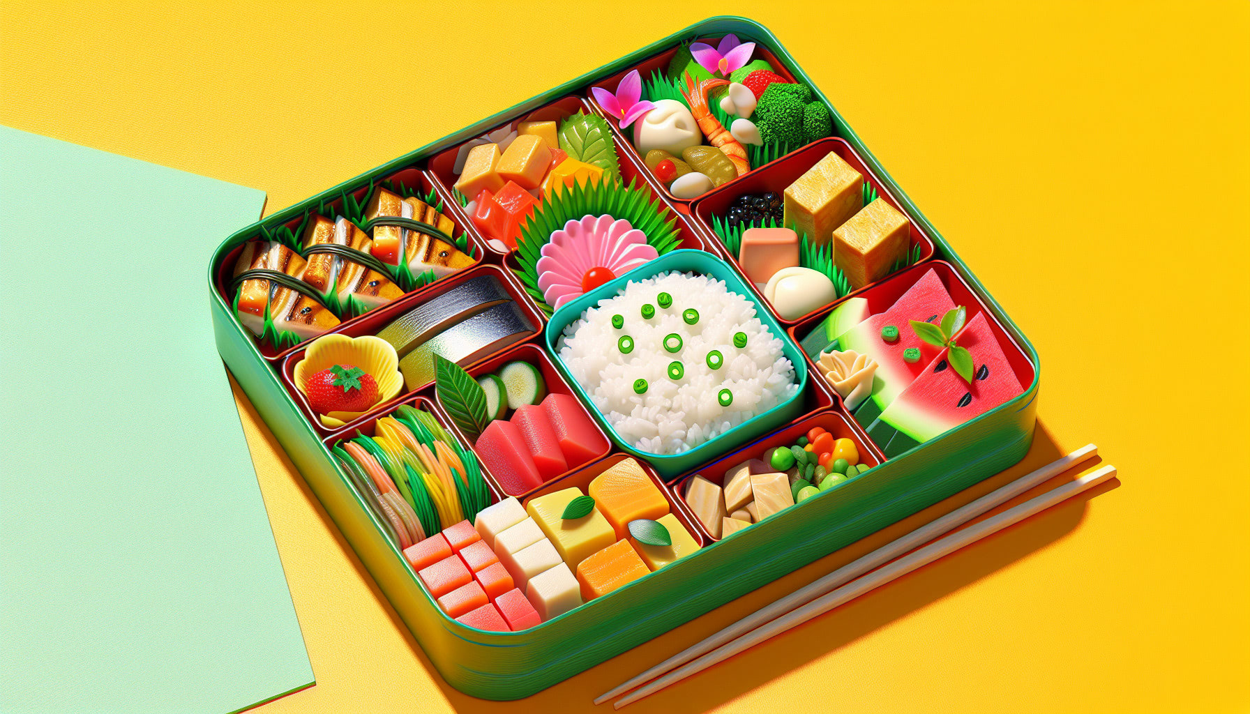 3D rendering of a bento box, viewed from bird's eye perspective, with bright, summer colors