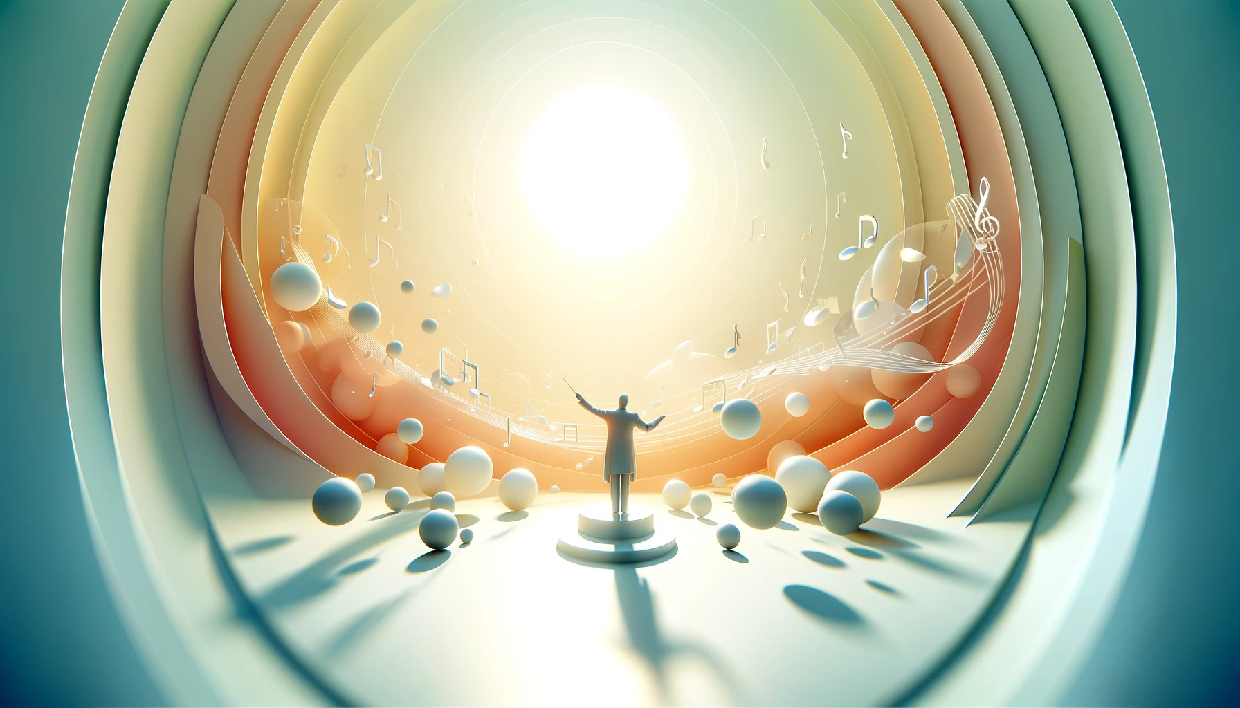 Abstract image of a conductor in a minimalist, 3D-like style, surrounded by summer colors and bathed in the serene light of an afternoon sun, conveying a sense of tranquility and lightness.