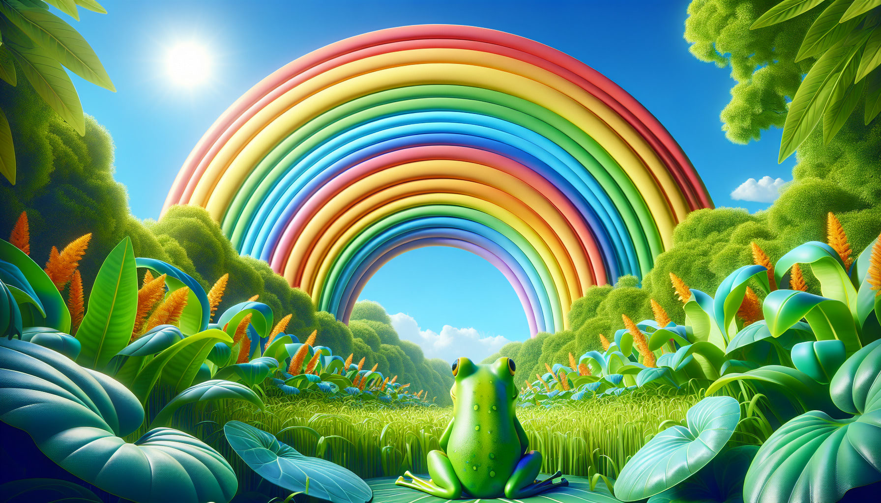 3D rendering of a frog looking at a colorful rainbow