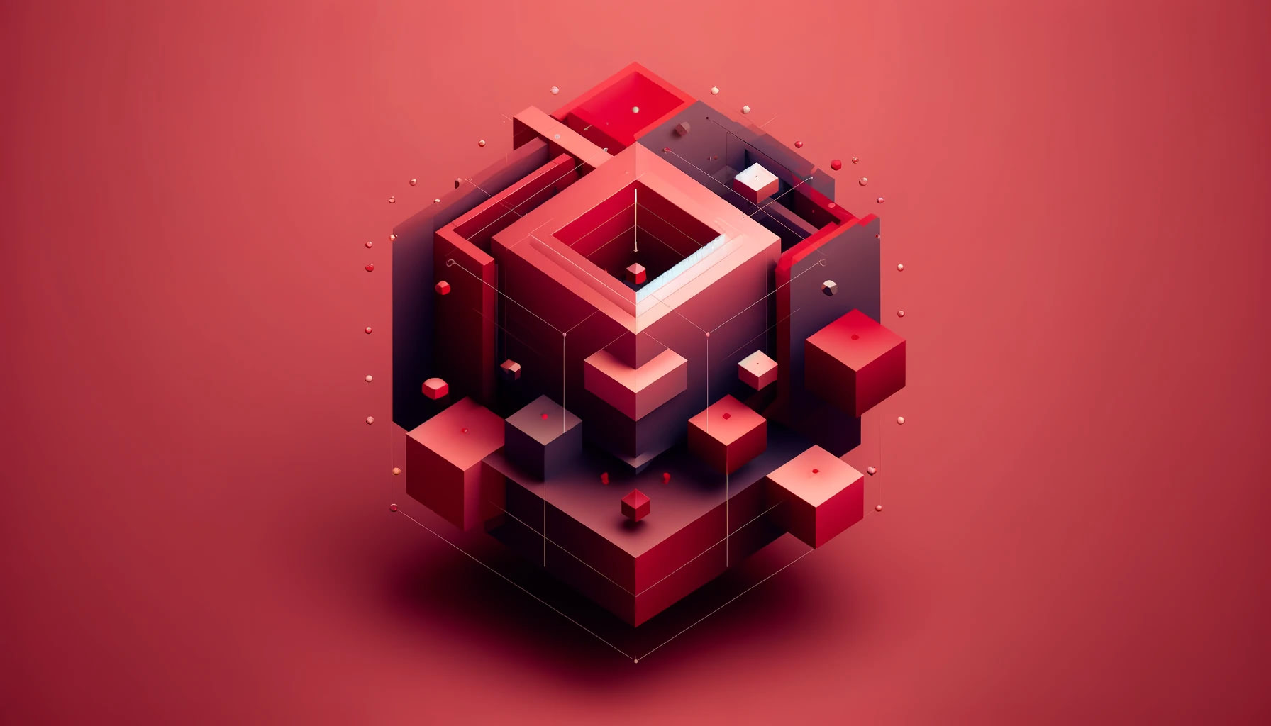 Abstract, minimalistic 3D-like image in duotone Ruby red, depicting hidden gems through obscured and nested geometrical shapes.