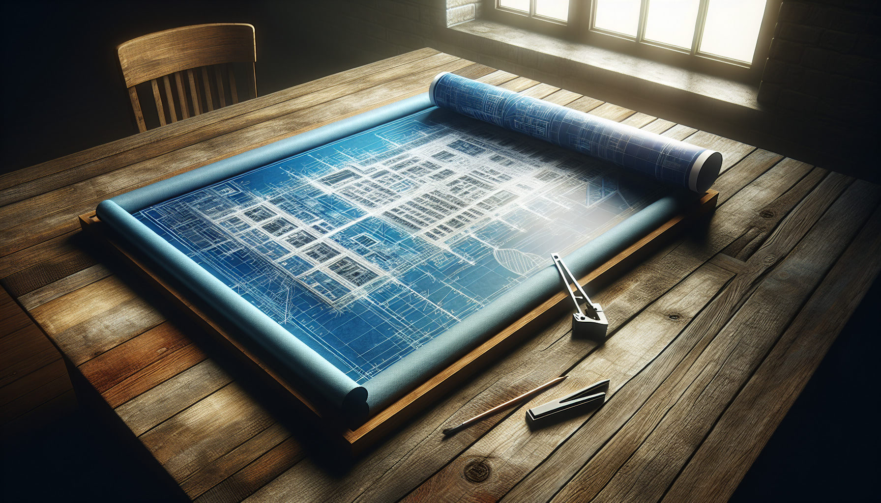 3d rendering of a wooden table with a blueprint