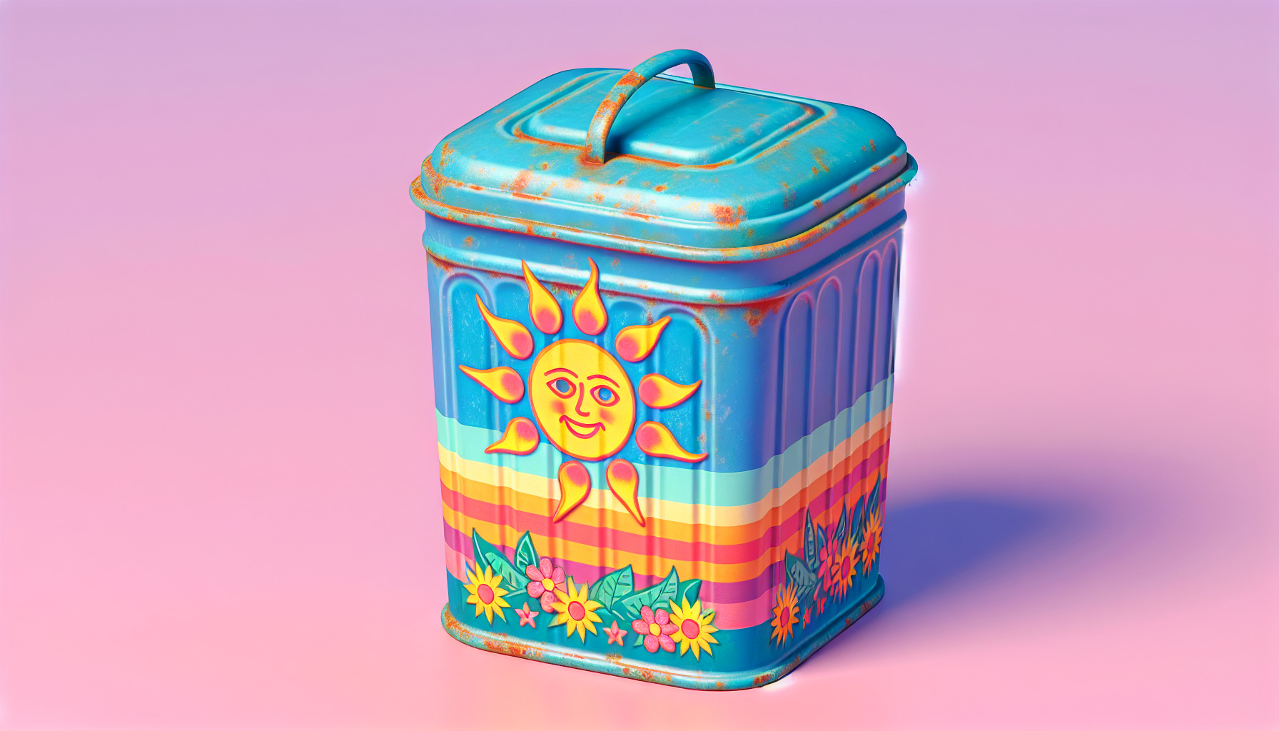 3D rendering of a trash bin, viewed from bird's eye perspective, with bright, summer colors