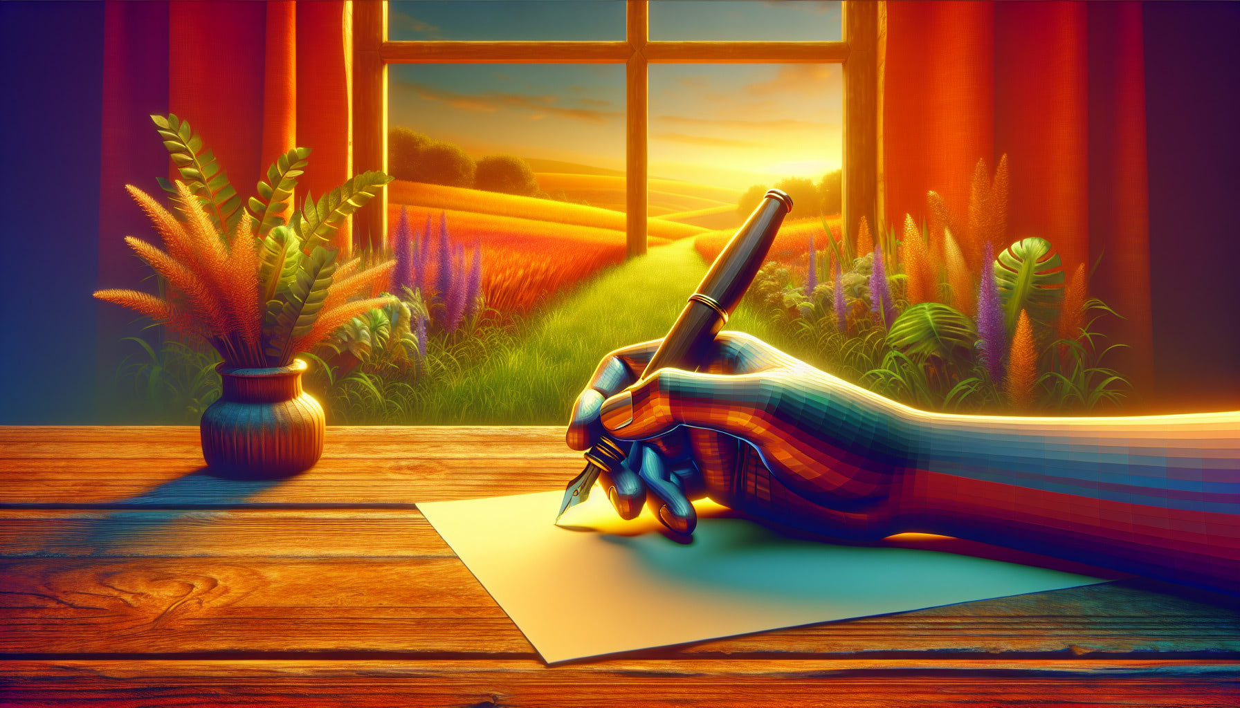 3D image of a hand with a classic pen, on a wooden table. No paper. The backdrop/background is a window with lush green fields with the sun rising in the back