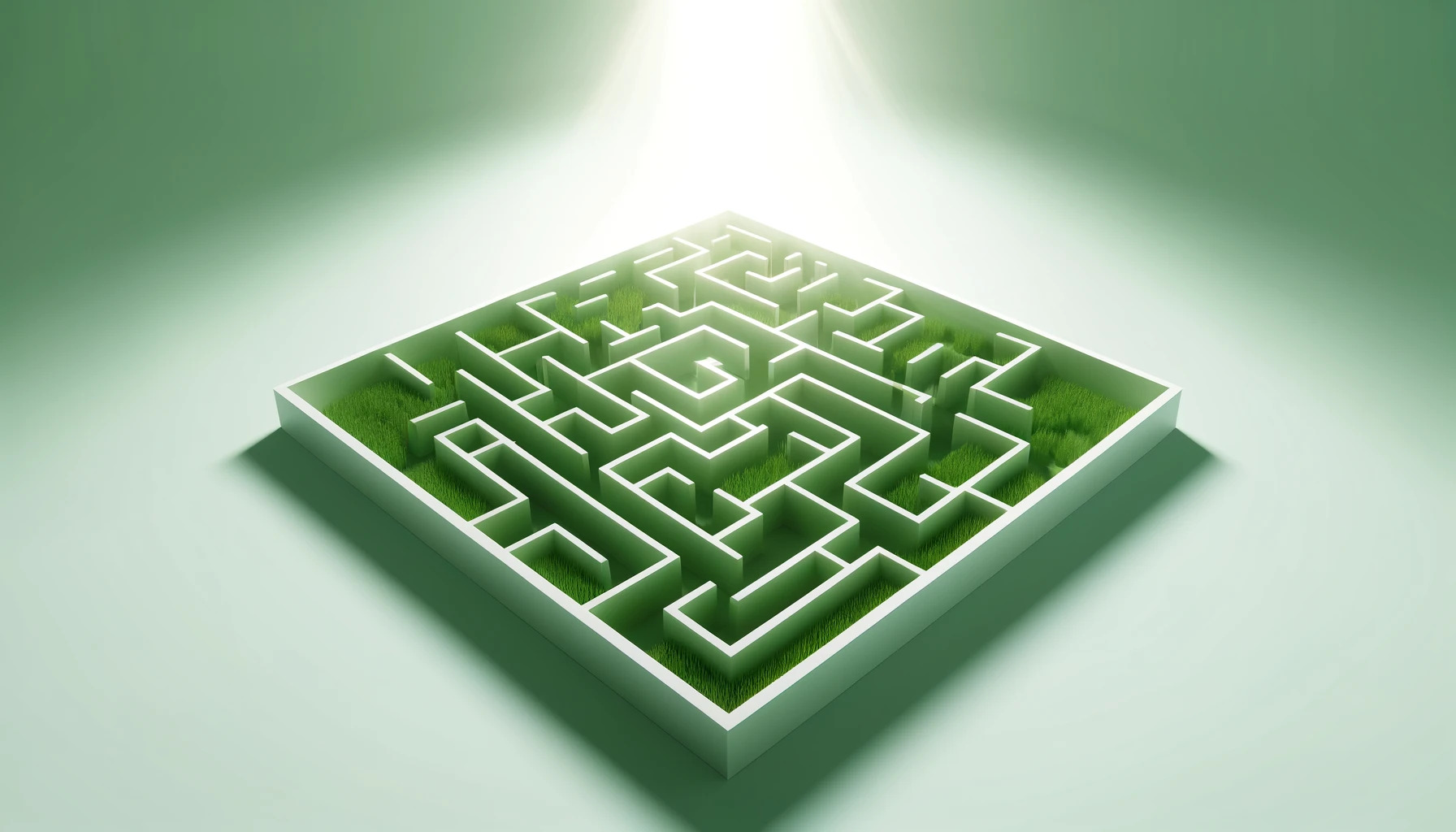 An abstract, minimalistic 3D-like aerial view of a lush green maze under bright sunlight, creating an inviting atmosphere.