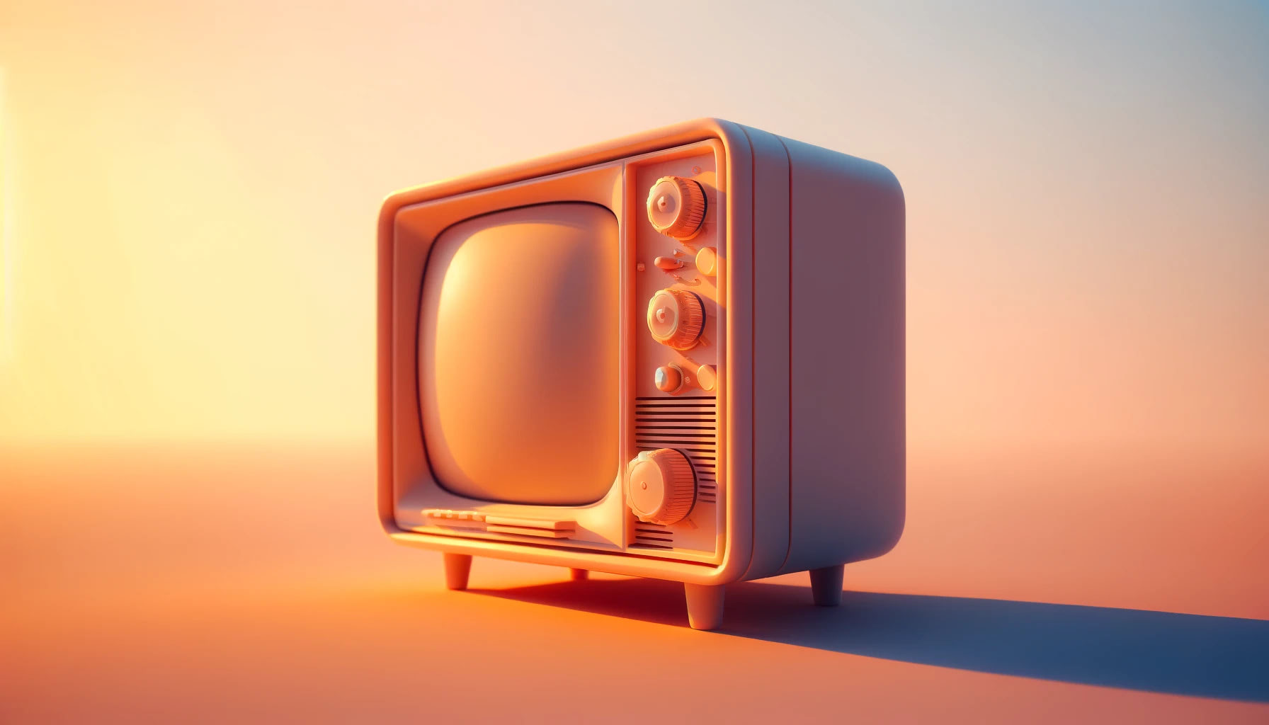 Abstract 3D representation of an old television set, bathed in the warm, soft colors of a summer dawn, with hues of orange, pink, and light blue highlighting the nostalgic design.